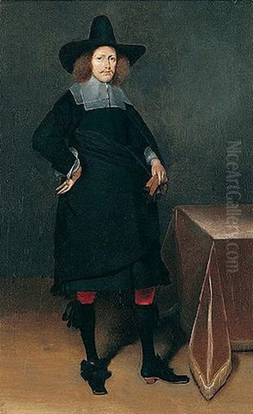 A Portrait Of A Gentleman Wearing A Black Suit And Hat With A White Collar And Cuffs And Holding Gloves, Near A Draped Table Oil Painting by Gerard Ter Borch