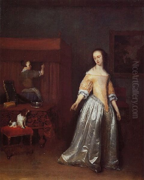 An Elegant Lady By A Table In An Interior, Pointing Towards Her Pet Dog Oil Painting by Gerard Ter Borch