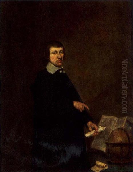 A Portrait Of A Man, Standing, Wearing A Black Coat And White Lace Collar, Pointing To A Table Laid With A Book And A Globe Oil Painting by Gerard Ter Borch