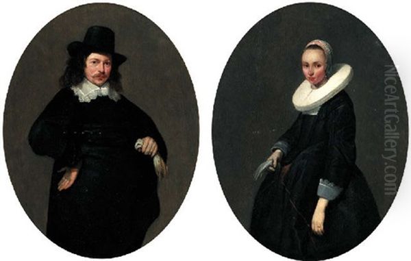 Portrait Of A Gentleman Holding A Glove In A Black Jacket And A Black Hat Oil Painting by Gerard Ter Borch