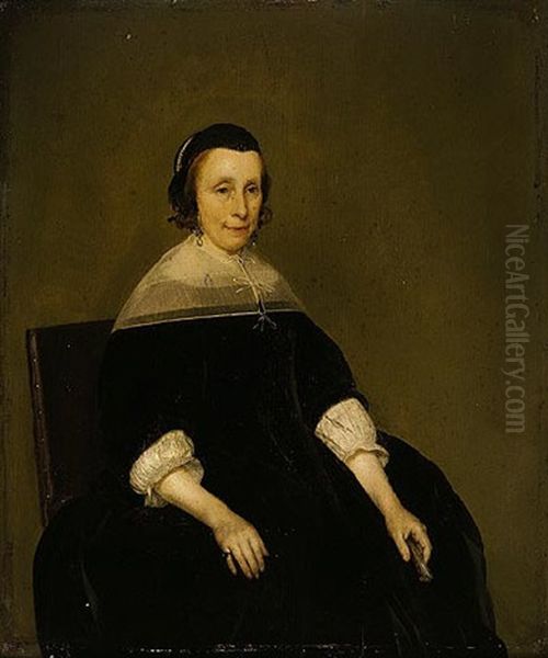 Portrait Of A Lady Wearing Black And Holding A Tortoise Shell Fan In Her Left Hand Oil Painting by Gerard Ter Borch