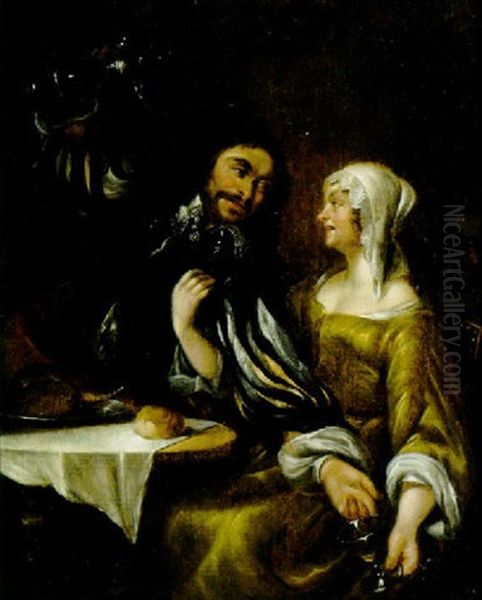 Temperantia: An Officer Serving Wine To A Young Woman In An Interior Oil Painting by Gerard Ter Borch