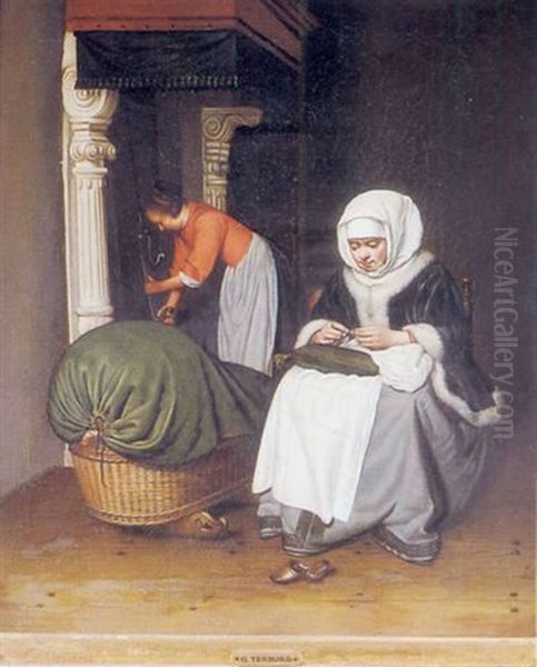 Woman Seated Sewing By A Candle Oil Painting by Gerard Ter Borch