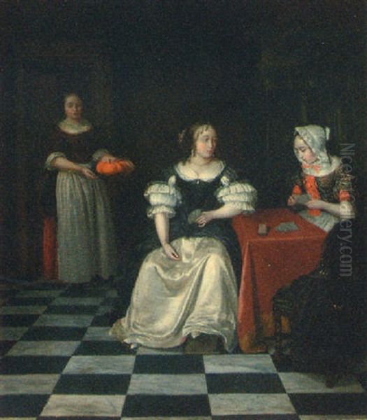A Lady And Her Chaperone Playing Cards In An Interior Oil Painting by Gerard Ter Borch