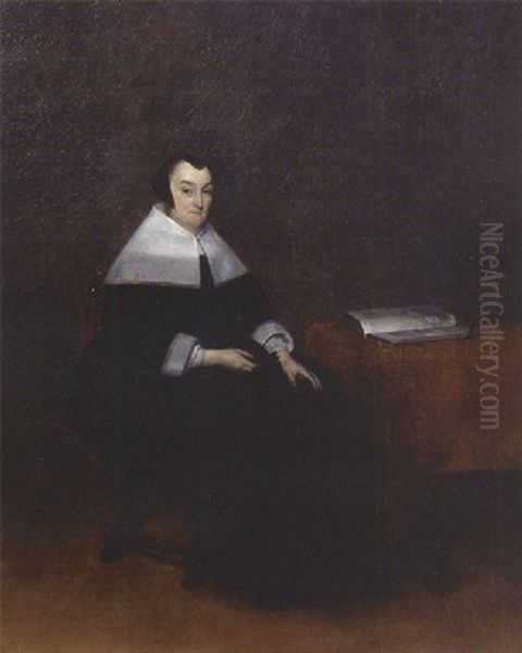 Portrait Of An Elderly Woman Seated By A Table Wearing A Black Dress With Lace Collar And Cuffs And A Bonnet Oil Painting by Gerard Ter Borch