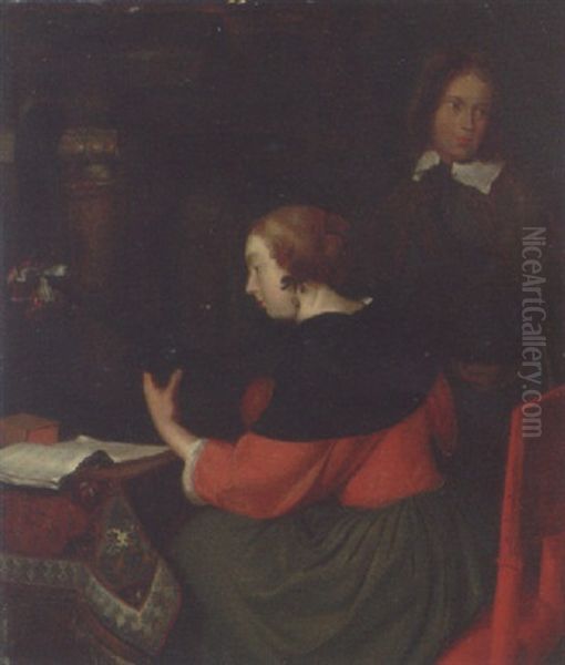 A Lady Making Music With A Youth In An Interior Oil Painting by Gerard Ter Borch