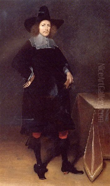A Portrait Of A Gentleman Wearing A Black Suit And Hat With White Collar And Cuffs And Holding Gloves, Near A Draped Table Oil Painting by Gerard Ter Borch