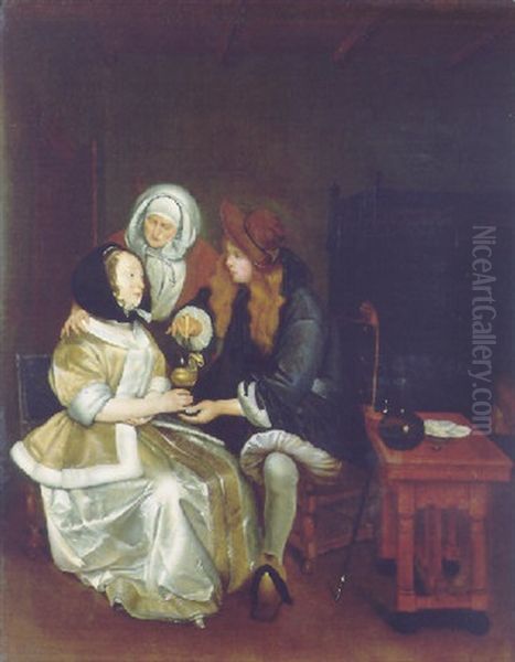 An Elegant Couple Attended By A Procuress Oil Painting by Gerard Ter Borch