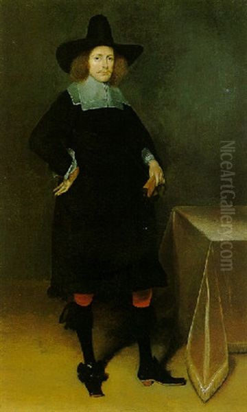 A Portrait Of A Gentleman, Wearing A Black Suit And Hat With White Collar And Cuffs And Holding Gloves, Near A Draped Table Oil Painting by Gerard Ter Borch