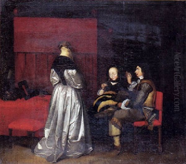 Interior Med Tre Personer I Samtale Oil Painting by Gerard Ter Borch
