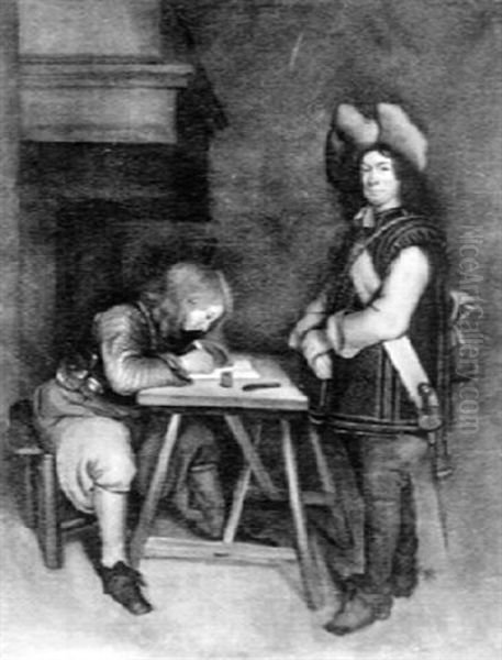 An Officer Dictating A Letter To A Soldier Oil Painting by Gerard Ter Borch