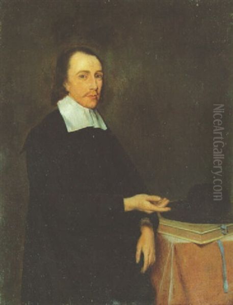 Portrait Of A Gentleman In Black Costume By A Table With A Book And A Hat Oil Painting by Gerard Ter Borch