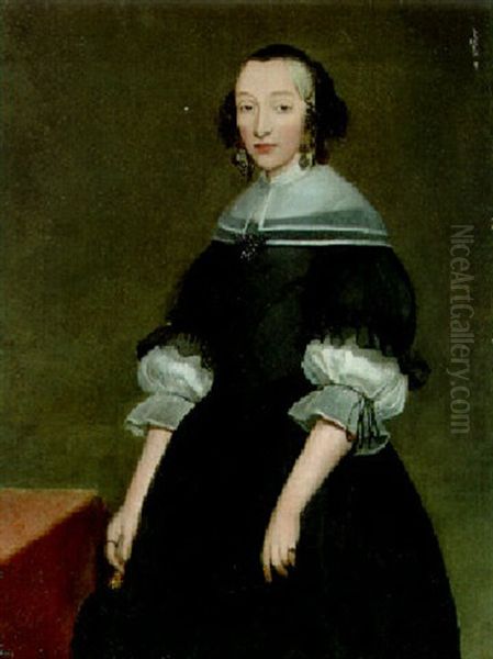 Portrait Of A Lady, Small Three-quarter Length, In A Black Dress And Cap Oil Painting by Gerard Ter Borch