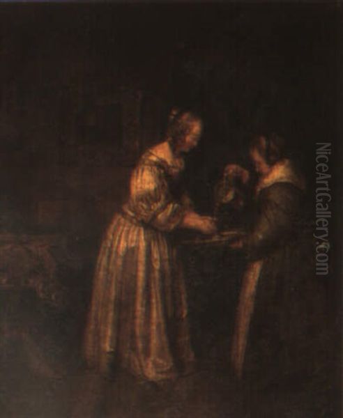 A Lady In An Interior Washing Her Hands In A Bowl Held By Her Maid Oil Painting by Gerard Ter Borch