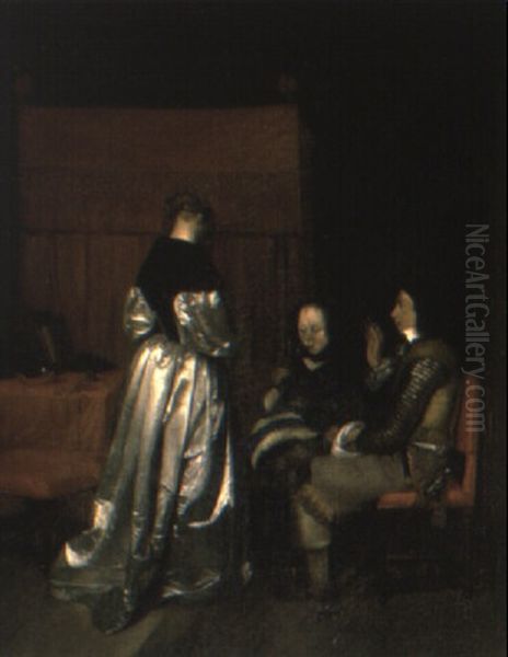 An Elegant Lady With A Seated Couple In A Bedchamber Oil Painting by Gerard Ter Borch
