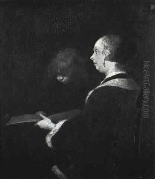The Reading/an Interior Genre Scene Oil Painting by Gerard Ter Borch