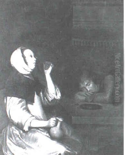 Man And Woman In An Interior Oil Painting by Gerard Ter Borch