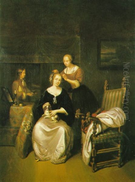 A Lady With Her Maid And Serving Boy In Her Bedchamber Oil Painting by Gerard Ter Borch
