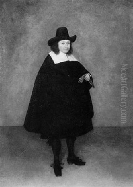 A Portrait Of A Gentleman Standing Full Length, Turned To   The Right Wearing A Black Cloak And Linen Collar... Oil Painting by Gerard Ter Borch