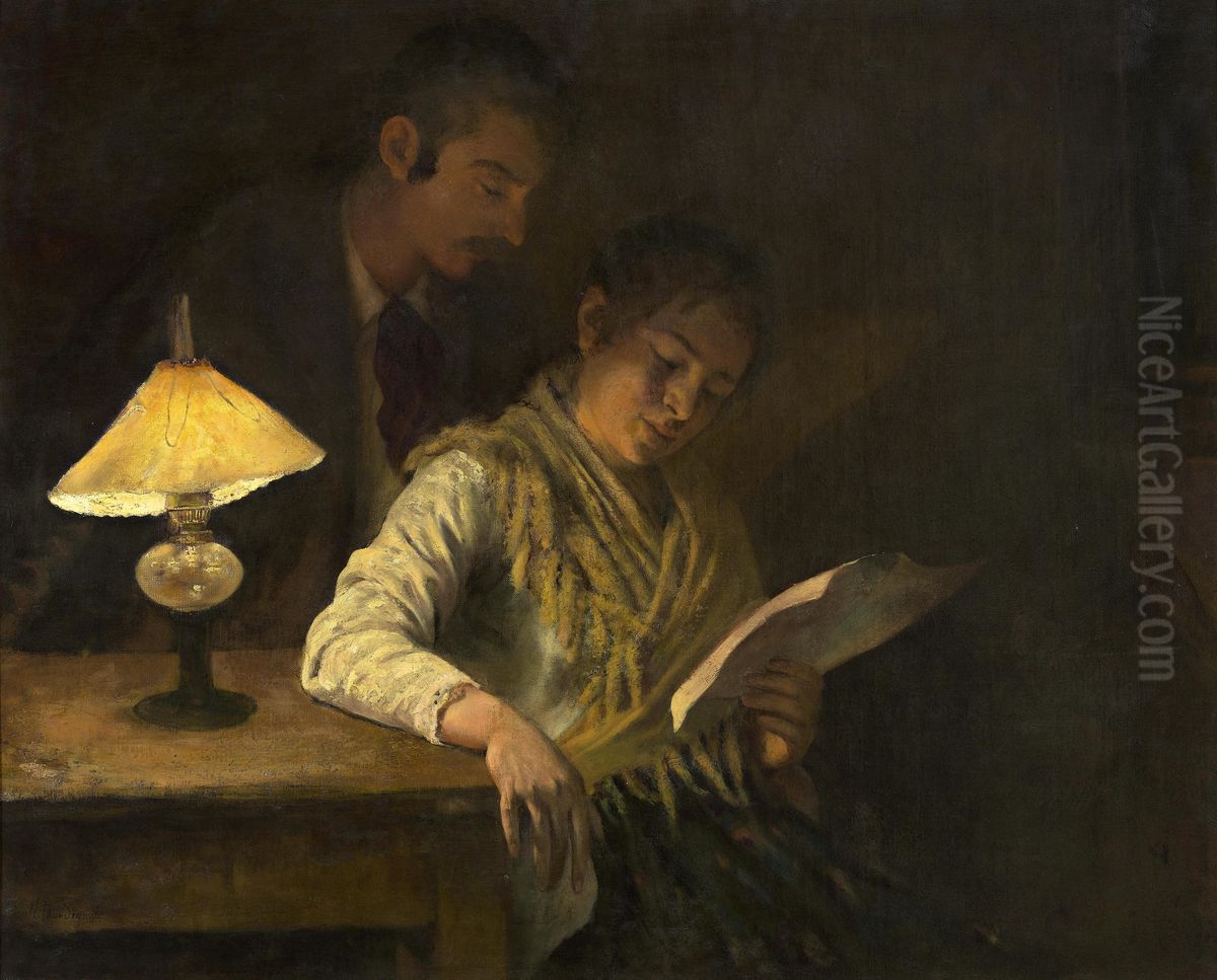 Sharing Lamplight Oil Painting by Noe Bordignon