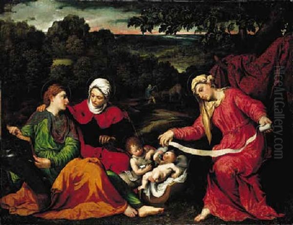 The Rest On The Flight Into Egypt With The Infant Saint John The Baptist, Saint Elizabeth And Saint Catherine Oil Painting by Paris Bordone