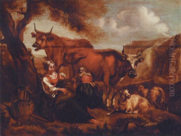 Milkmaids With A Sleeping Child, Cows And Sheep In A Mountainous Landscape, A Cowherd In The Distance Oil Painting by Abraham Borm