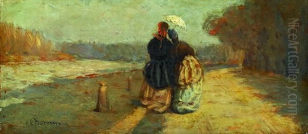 Zwei Damen Mit Sonnenschirm, Am Arno Promenierend Oil Painting by Odoardo Borrani
