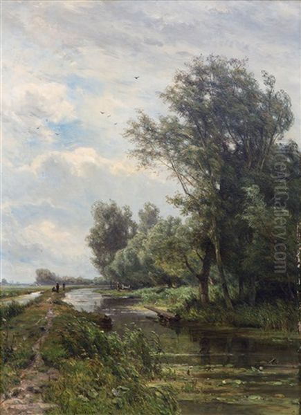 A Summer Day With Figures On A Dike Oil Painting by Jan Willem Van Borselen