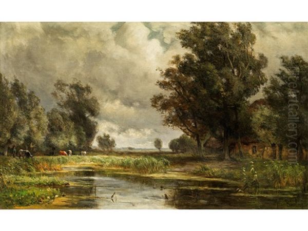 Hirte Mit Rindern In Baumlandschaft Oil Painting by Jan Willem Van Borselen