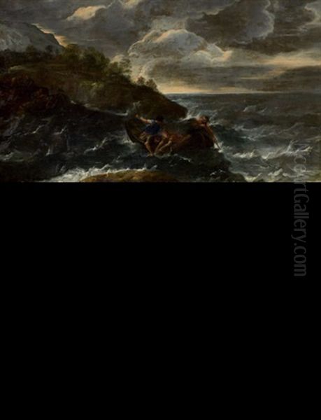 Pecheurs Traversant Un Detroit Sur Une Mer Agitee Oil Painting by Francesco Maria Borzone