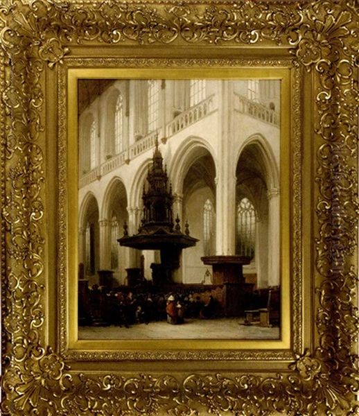 Figures At A Chuch Service In The Nieue Kerk, Amsterdam Oil Painting by Johannes Bosboom