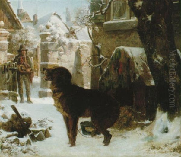 Gardsmotiv Med Hund Och Musikant, Vinter Oil Painting by Ernst Bosch