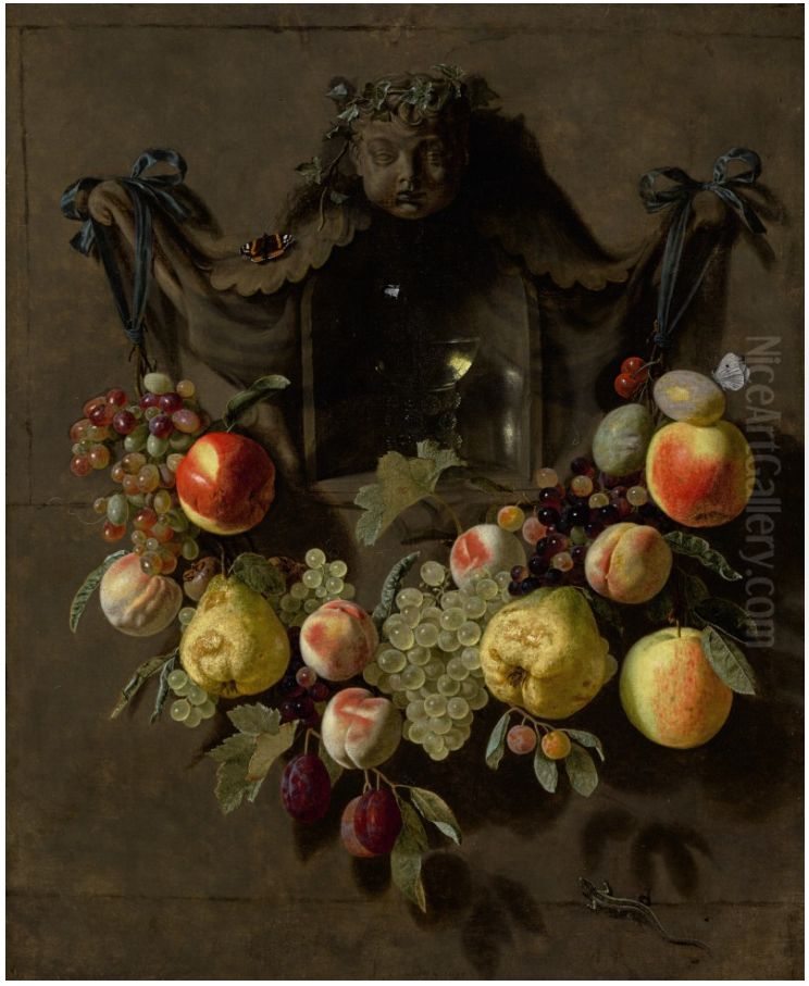 A Trompe L'oeil Still Life With A Swag Of Grapes, Pears, Peaches, Apples, Plums, And Butterflies Decorating A Niche With A Glass Roemer Oil Painting by Pieter Van Den Bosch