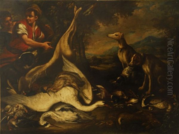 Cisne Con Caza Muerta, Cuatro Perros Y Dos Cazadores Oil Painting by Felice Boselli