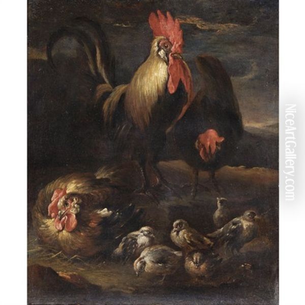 Un Gallo Con Gallina E Pulcini Oil Painting by Felice Boselli