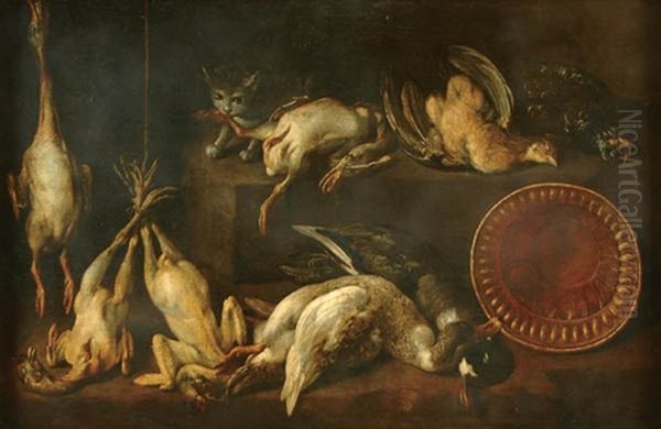 A Cat In A Kitchen Interior With Game Oil Painting by Felice Boselli