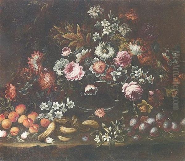 Mazzo Di Fiori In Brocca Di Vetro Si Basamento Con Frutta Oil Painting by Felice Boselli