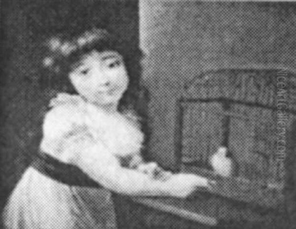 Little Girl Feeding A Parakeet Oil Painting by Jean Francois Bosio