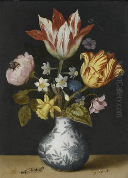 Still Life Of Flowers In A Wan-li Vase, Including Tulips, Narcissi, A Sweet-briar, Liver-leaf, Cyclamen, Wild Pansy And A Rose, With A Dragonfly, Bumblebee And Caterpillar Oil Painting by Ambrosius Bosschaert the Elder