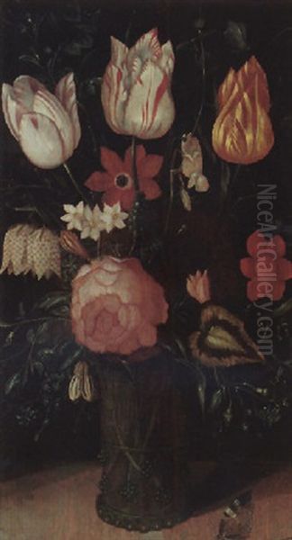A Still Life Of Variegated Tulips, A Rose And Other Flowers In A Glass Vase, With Butterflies Oil Painting by Ambrosius Bosschaert the Elder