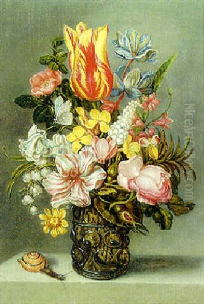 Parrot Tulips, A Dog Rose, A Peonie And Other Flowers In A Roemer On A Stone Ledge With A Butterfly And A Snail Oil Painting by Ambrosius Bosschaert the Elder