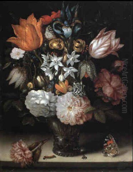 Tulips And Other Flowers In A Glass Vase On A Ledge Oil Painting by Ambrosius Bosschaert the Elder