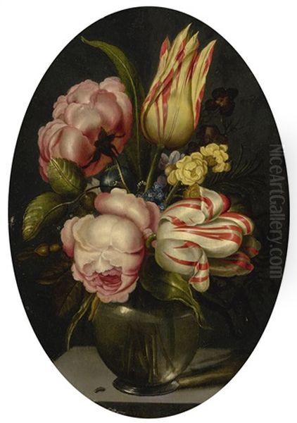 Still Life With Variegated Tulips, Roses, And Other Flowers In A Glass Vase, With A Fly, All On A Ledge Oil Painting by Ambrosius the Younger Bosschaert