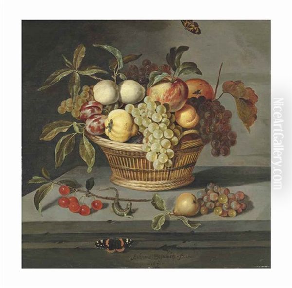Fruit In A Wicker Basket With A Lizard And A Red Admiral Butterfly On A Stone Ledge Oil Painting by Ambrosius the Younger Bosschaert