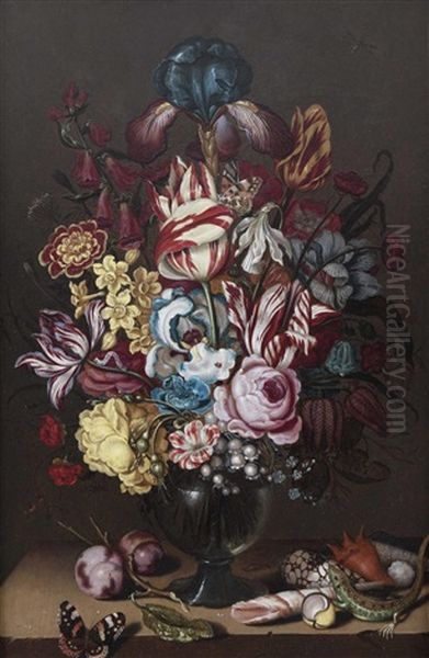 Blumenstillleben In Vase Mit Eidechse Oil Painting by Ambrosius the Younger Bosschaert