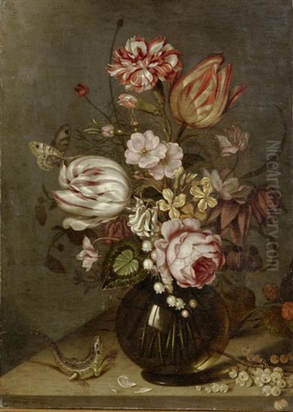 A Rose, Tulips, Carnations And Other Flowers In A Glass Vase On A Table-top With Whitecurrants And A Lizard Oil Painting by Ambrosius the Younger Bosschaert