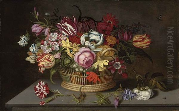 Roses, Tulips, Carnations, Marigolds And Other Flowers In A Woven Basket, With Caterpillars, A Lizard, A Ladybird, And Other Insects, On A Stone Ledge Oil Painting by Ambrosius the Younger Bosschaert