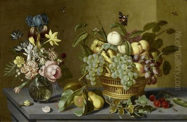 Stilleben Mit Fruchten In Einem Flechtkorb, Einer Glasvase Mit Blumen Und Kleinen Insekten Auf Einer Tischplatte Oil Painting by Ambrosius the Younger Bosschaert