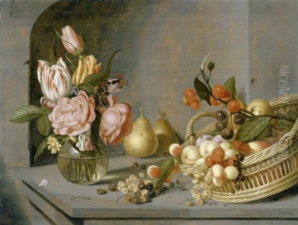 Stilleben Mit Blumenstrauss In Einer Vase Und Einem Fruchtekorb In Einer Nische Oil Painting by Ambrosius the Younger Bosschaert