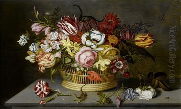 Blumenstilleben In Einem Flechtkorb Mit Insekten Auf Einem Tisch Oil Painting by Ambrosius the Younger Bosschaert